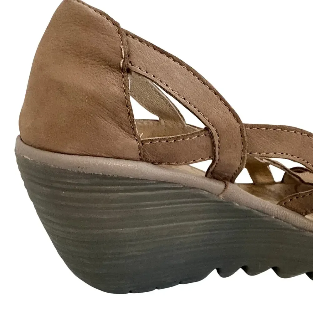 Fly London Yadi Taupe Leather Cutout Platform Wedge Sandals Peep Toe 39